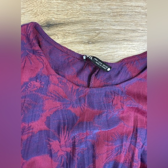ZARA Wrinkled Jacquard Floral Midi Dress Dark Maroon Cut Out Sz M-L - Picture 12 of 13